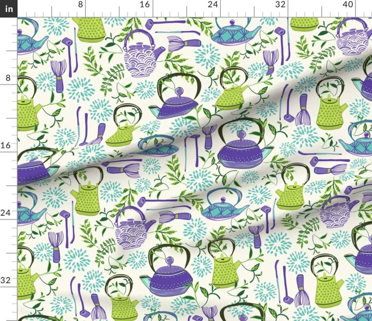 Various Fabrics by the Yard or Fat Quarter Traditional Tea Time Matcha Japanese Ceremony Lilac Floral Botanical Green Teapots Leaves Whisk Purple Bohemian Custom Printed Fabric by Spoonflower